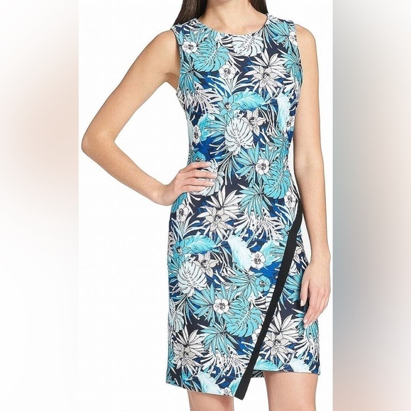 Tommy Hilfiger Aloha Print Scuba Sleeveless Sheath Dress Sz 12 Floral Blue - Picture 1 of 10